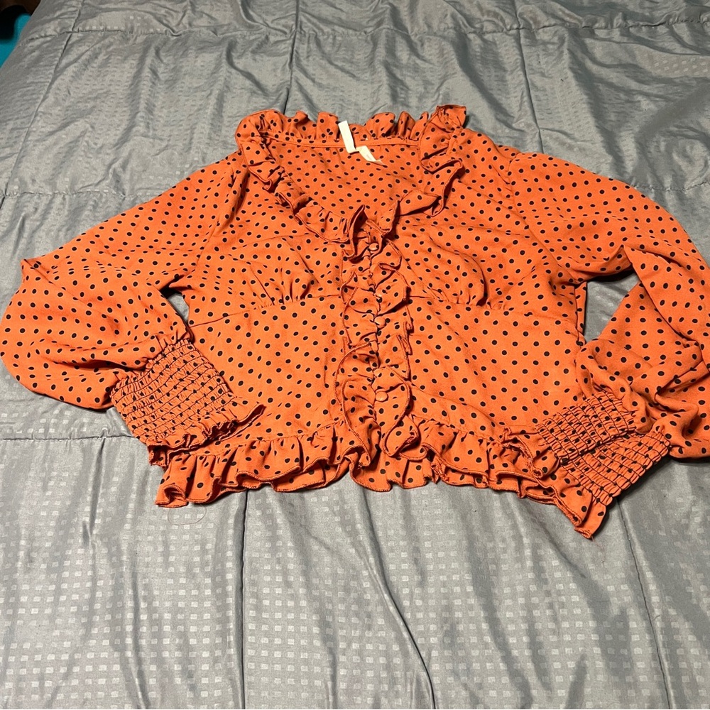 true destiny orange & Black polka dot blouse Button Up Top Size medium